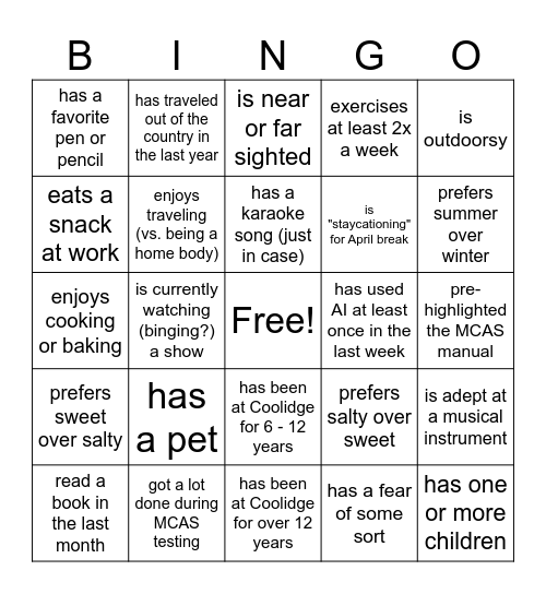 Coolidge Staff Bingo Card