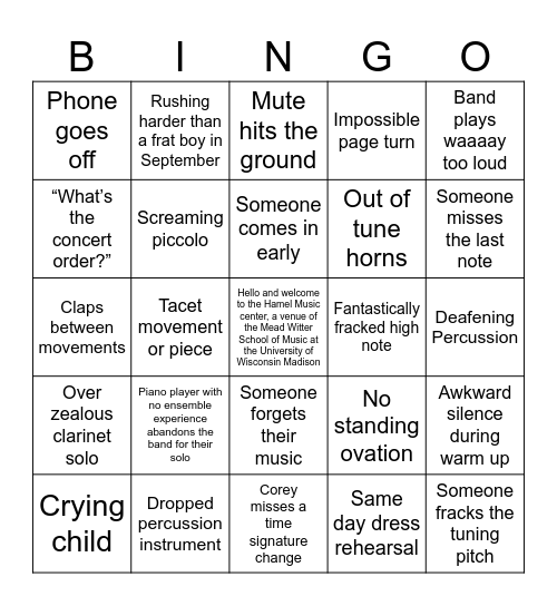 Womble Concert Bingo Card