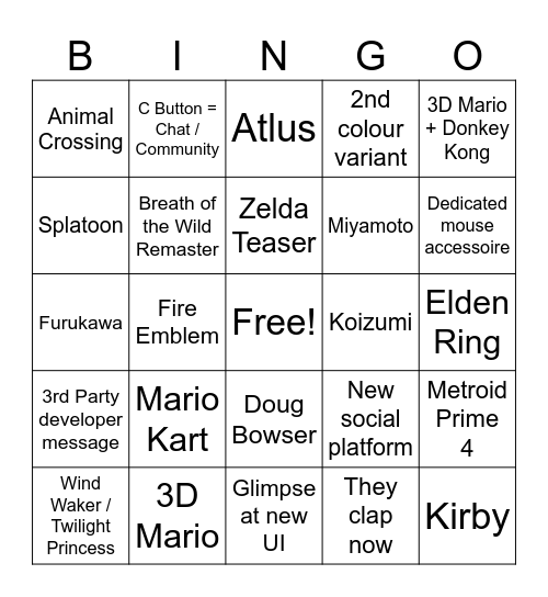 Nintendo Switch 2 Direct Bingo Card