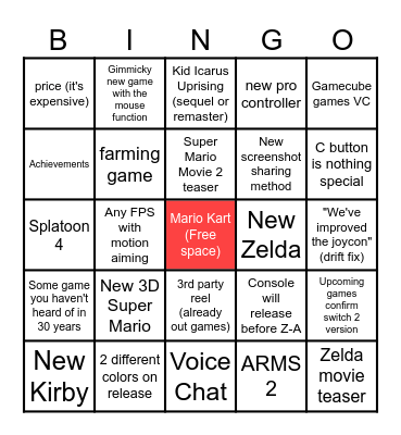 Switch 2 bingo Card