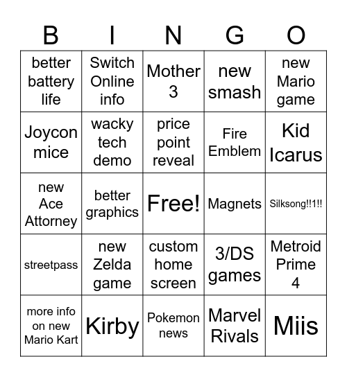 switch 2 Bingo Card