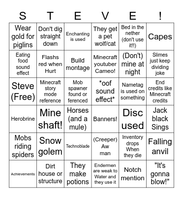 Minecraft Movie Bingo (STEVE!) Bingo Card