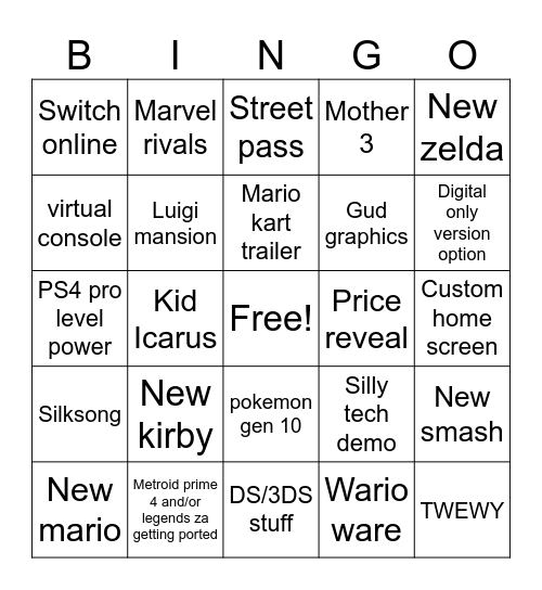 Switch 2 Bingo Card