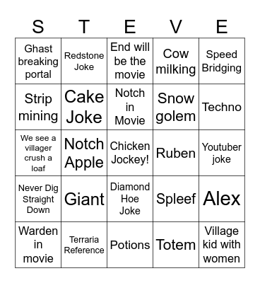 Minecraft Movie Bingo Card