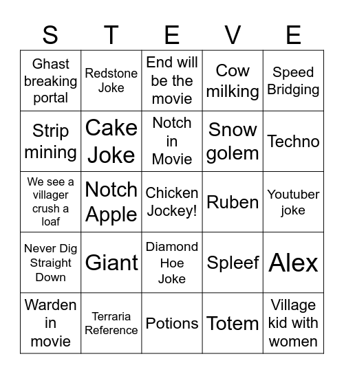 Minecraft Movie Bingo Card