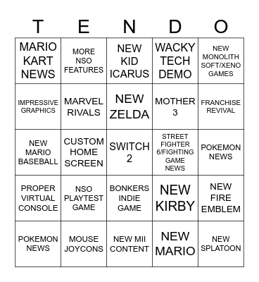 NINTENDO SWITCH 2 DIRECT Bingo Card