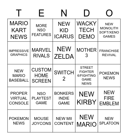 NINTENDO SWITCH 2 DIRECT Bingo Card