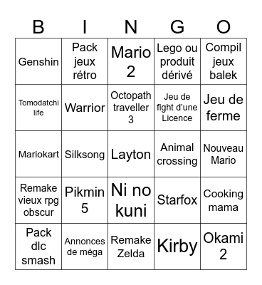 Nintendo direct Bingo Card