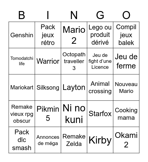 Nintendo direct Bingo Card