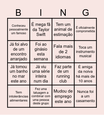 Encontra a Pessoa que faz o Match! Bingo Card
