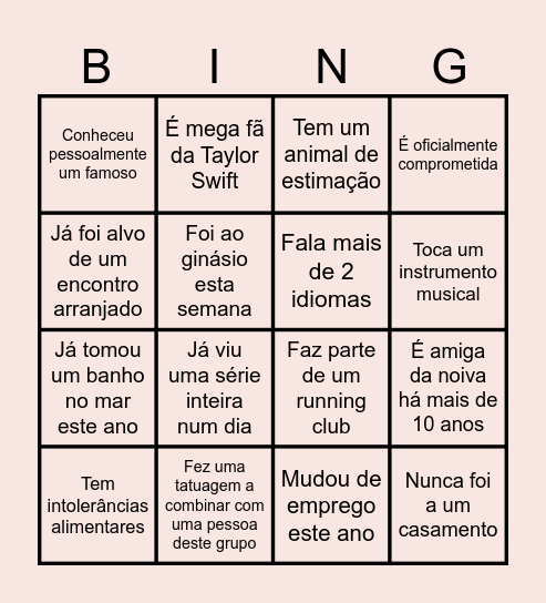 Encontra a Pessoa que faz o Match! Bingo Card