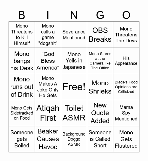 Mono Stream Bingo Card