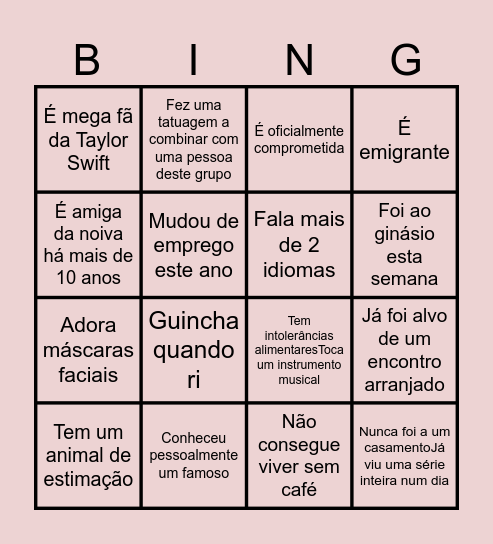 Encontra a pessoa que faz o Match! Bingo Card