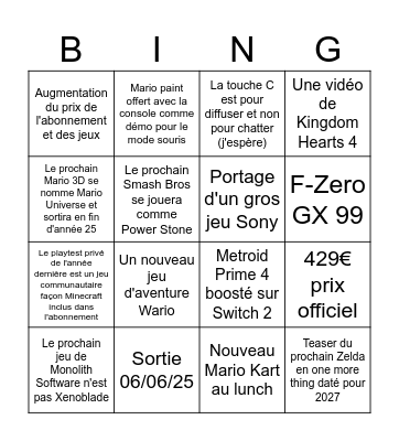 Bingo Nintendo direct Switch 2 Bingo Card