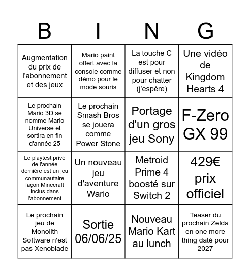 Bingo Nintendo direct Switch 2 Bingo Card