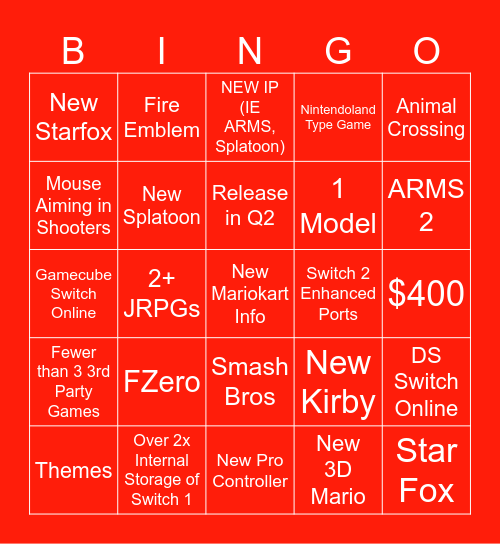 Switch 2 Bingo Card