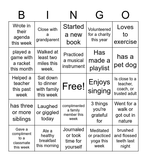 Sources of Strength Bingo Card