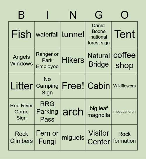 Red River Gorge Bingo Card