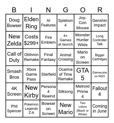 Switch 2 Direct Predictions Bingo Card