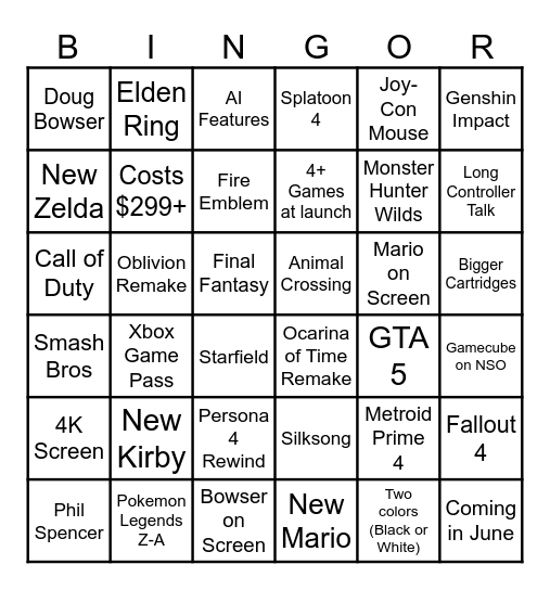 Switch 2 Direct Predictions Bingo Card