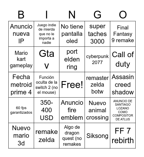 Bingo nintendo esponjoso Bingo Card