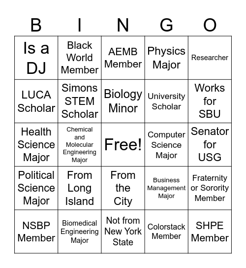 BLISS Mentorship Social Hour Bingo Card