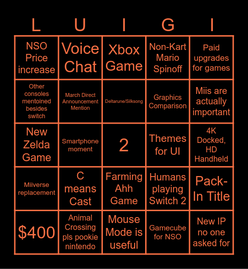 Switch 2 Bingo ohhhh Bingo Card