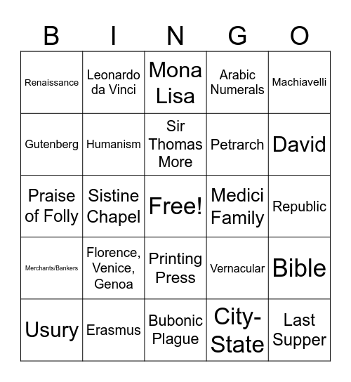 Renaissance Jingo Bingo Card
