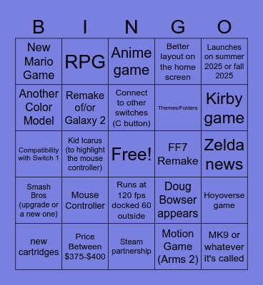Switch 2 Direct Bingo Card