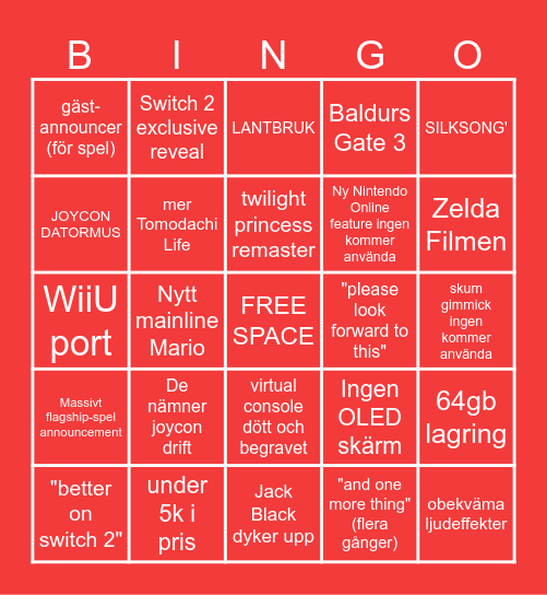 Switch 2 Direct predictions Bingo Card