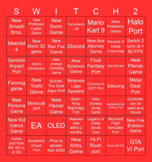 Switch 2 Direct Bingo Card