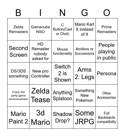 2 Switch 2 Furious Bingo Card