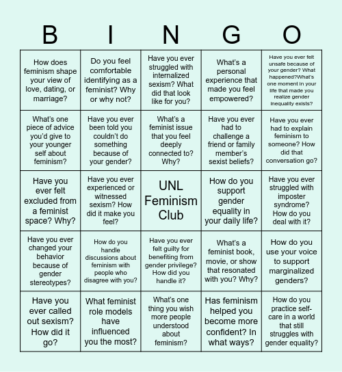 UNL Feminism Club Bingo Card