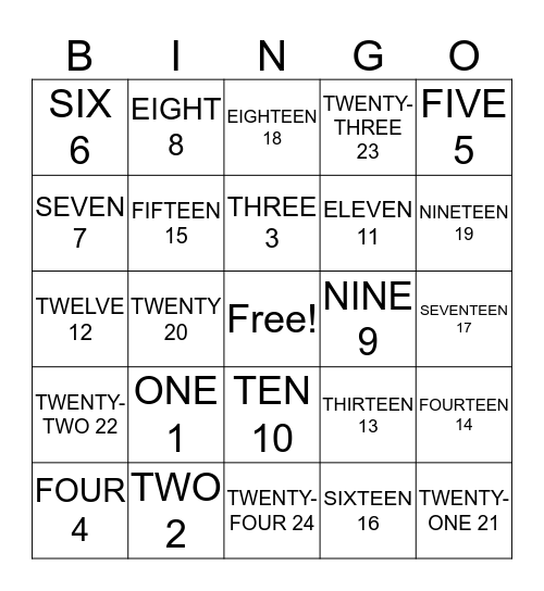 NUMERAL NAME  Bingo Card