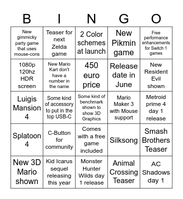 Nintendo Direct April 2nd 2025 Bingo Card