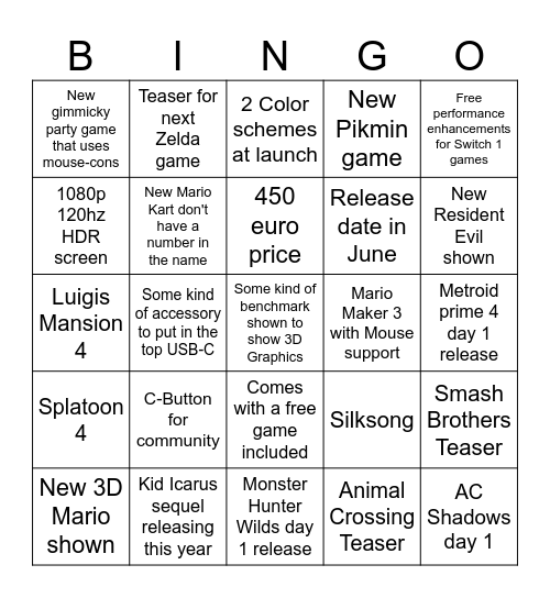 Nintendo Direct April 2nd 2025 Bingo Card
