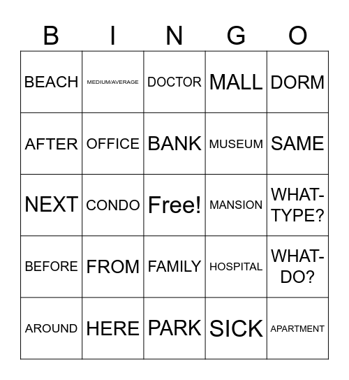 Housing and Places: ASL 1 Bingo Card