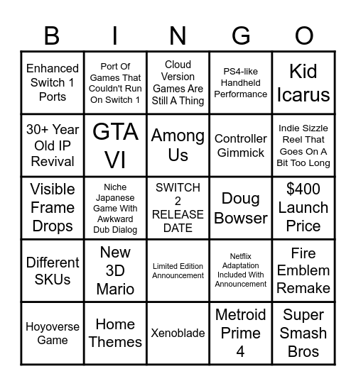 2024 Switch 2 Bingo Card Bingo Card