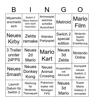 Nintendo Direct Bingo Card