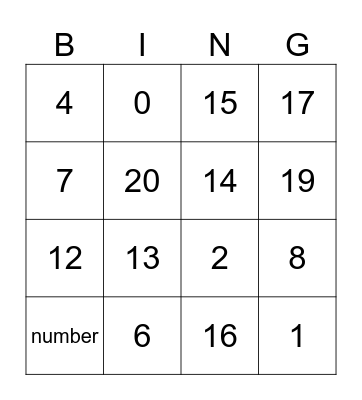 0-20 Bingo (numbers) Bingo Card