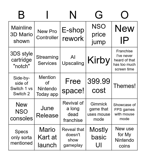 Switch 2 Direct Bingo Card