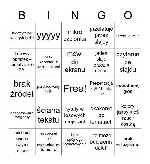 Zła prezentacja v10 Bingo Card