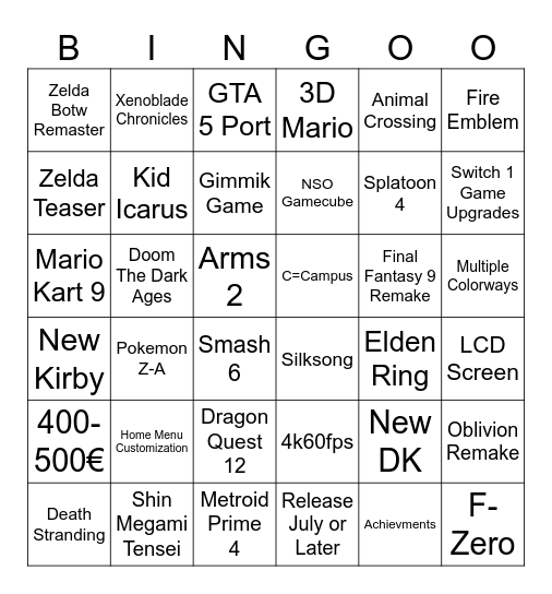 Nintendo Switch 2 Direct Bingo Card