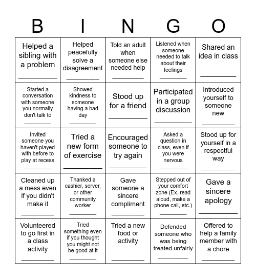 Courage Bingo Card