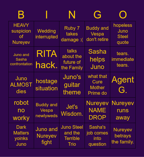 JUNO STEEL SEASON FINALE Bingo Card
