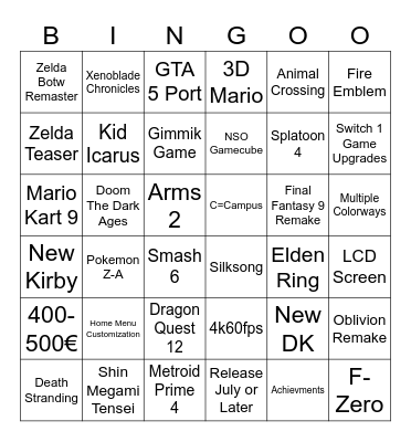 Nintendo Switch 2 Direct Bingo Card