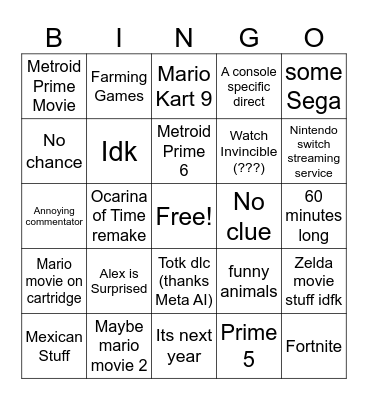 Nintendo Switch 2 Direct Bingo Card