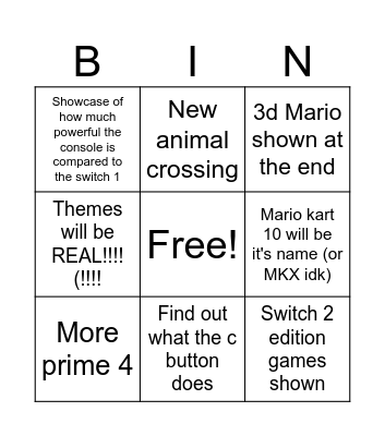 Switch 2 direct prediction Bingo Card