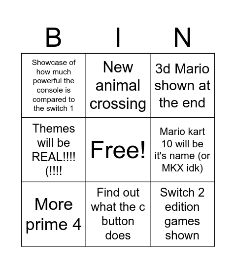 Switch 2 direct prediction Bingo Card