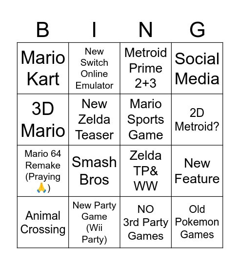 Nintendo Direct Bingo Card